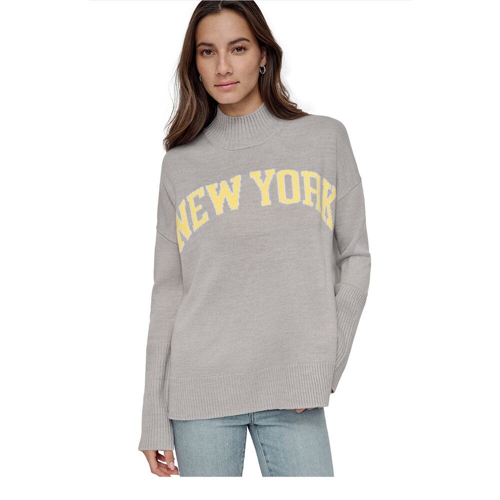 NWOT DKNY Women's New York Intarsia-Knit Mock Neck Sweater Grey LARGE